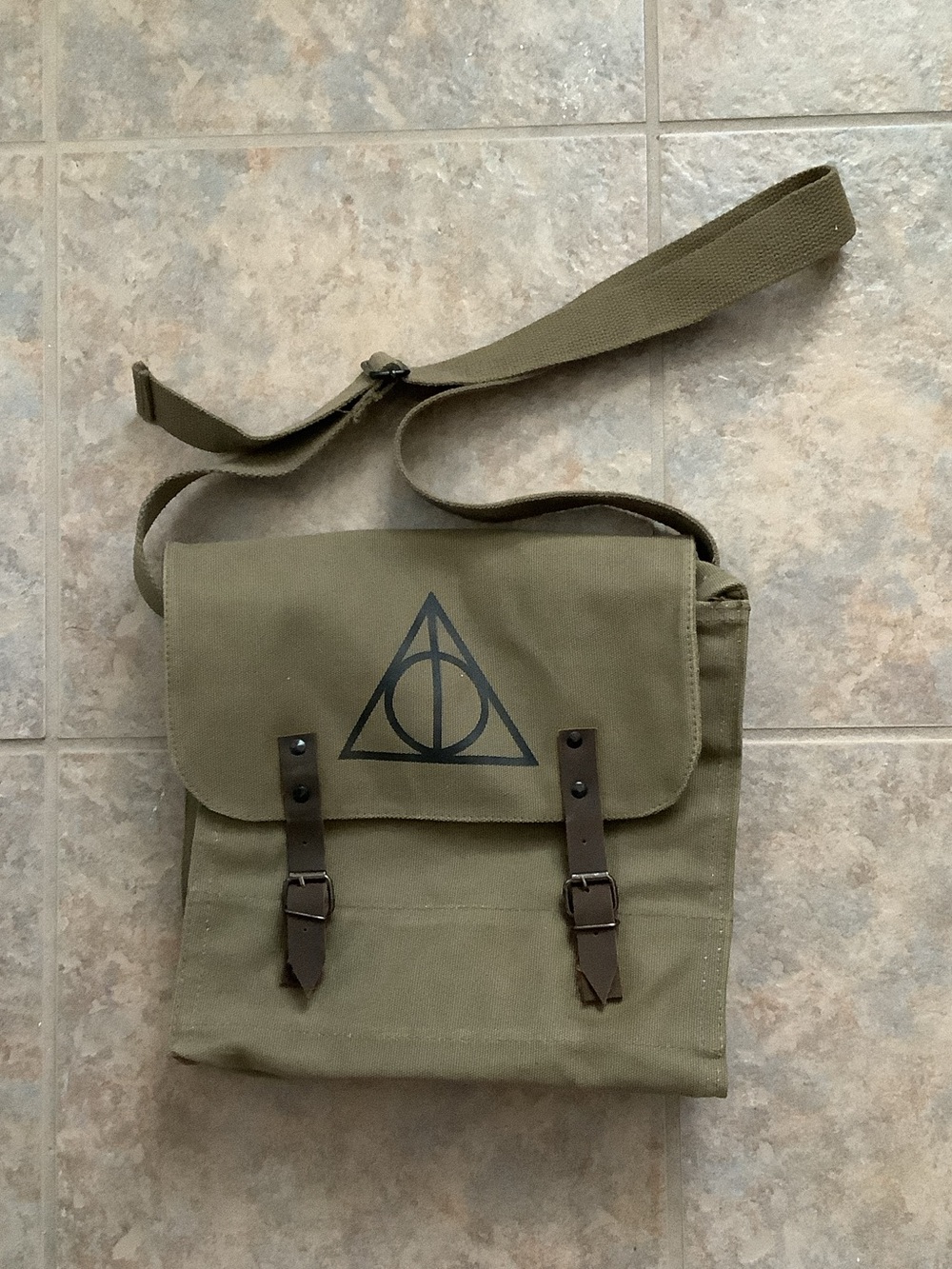 Unisex Rothco Olive Canvas Messenger Bag with Black Symbol and Brown Straps